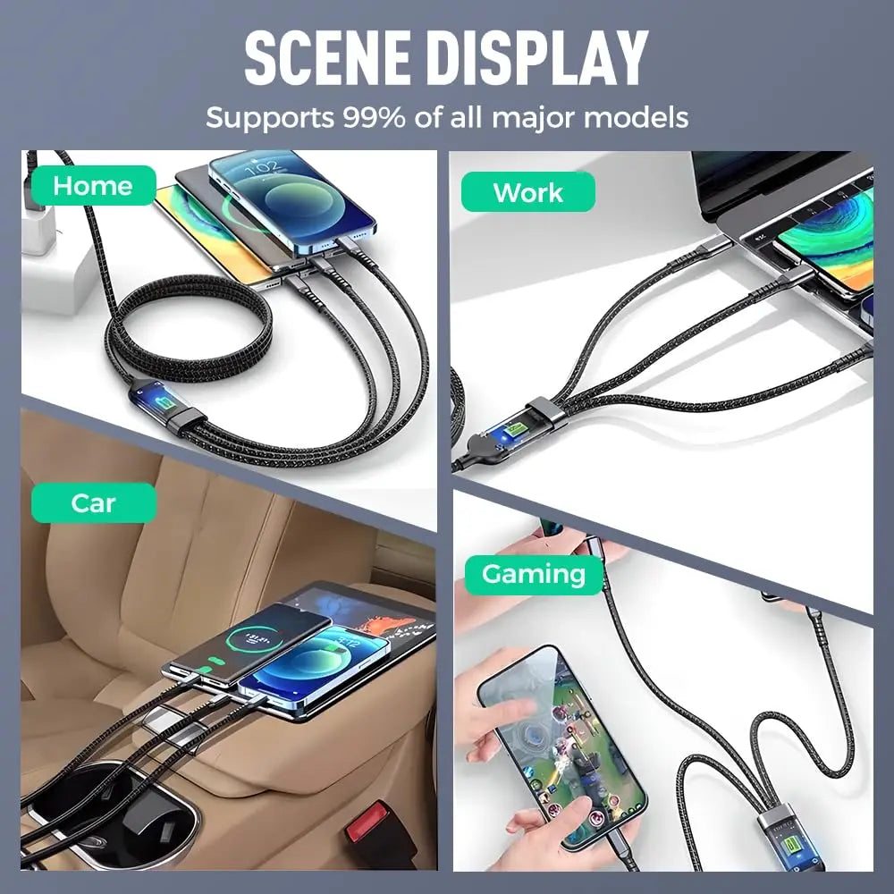 100W Transparent Luminous 3-in-1 Super Fast Charging Cable with LED Display, USB C to Lightning/USB A/Micro Adapter
