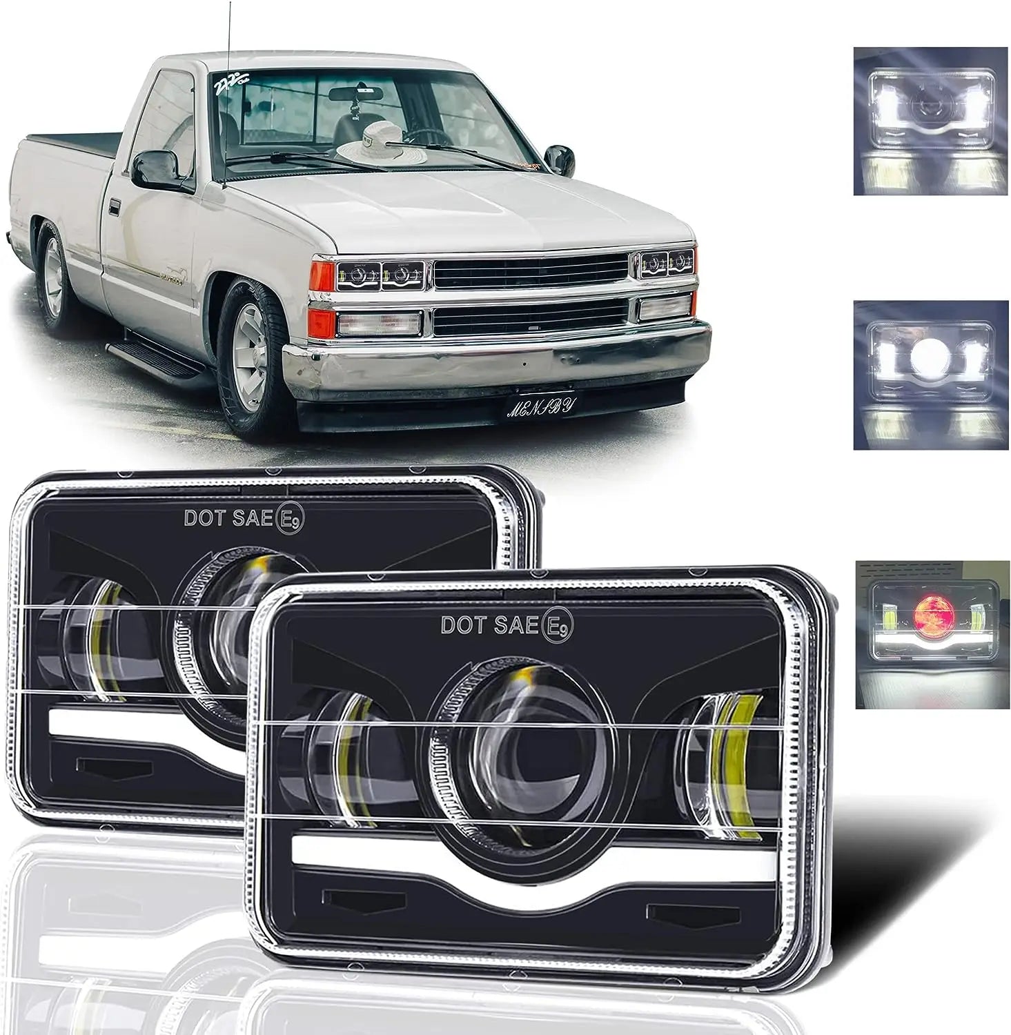 4x6 LED Headlight with White Halo DRL and Amber H4 Plug - 1 PC