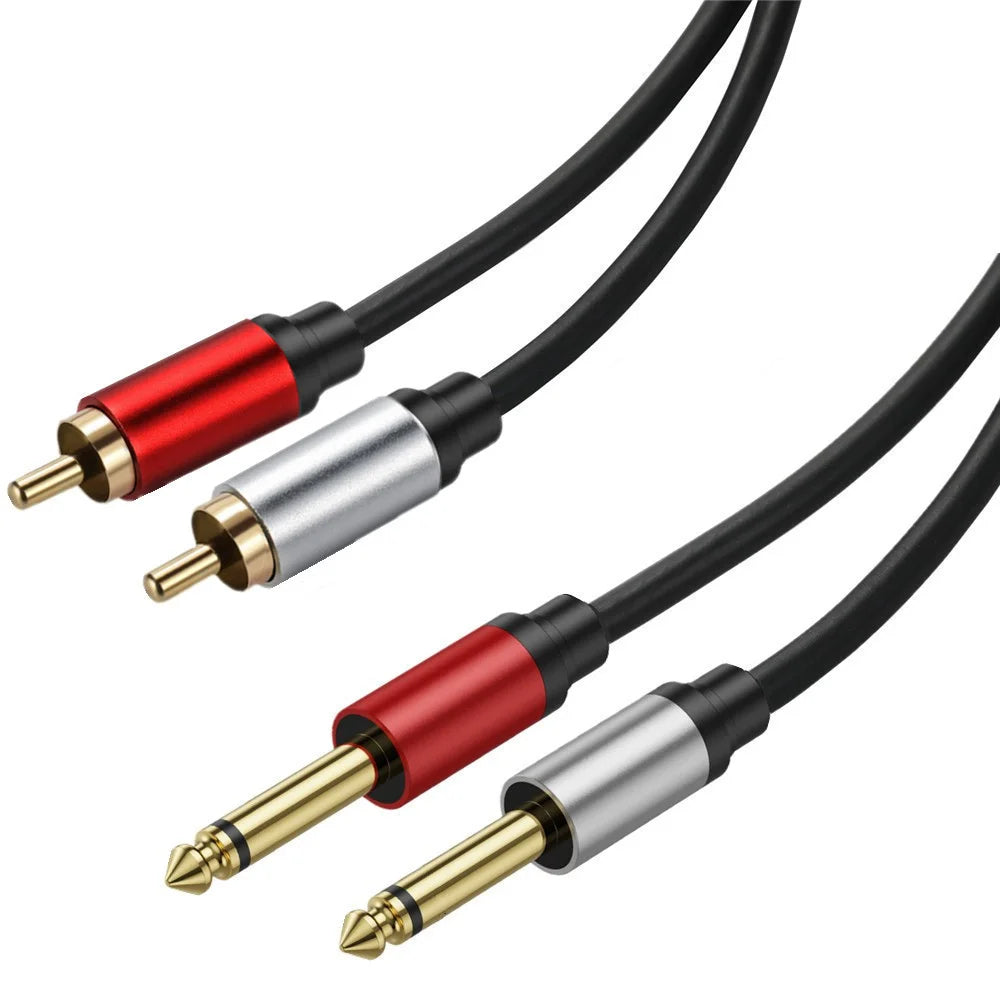Two audio cables with different connectors on a white background