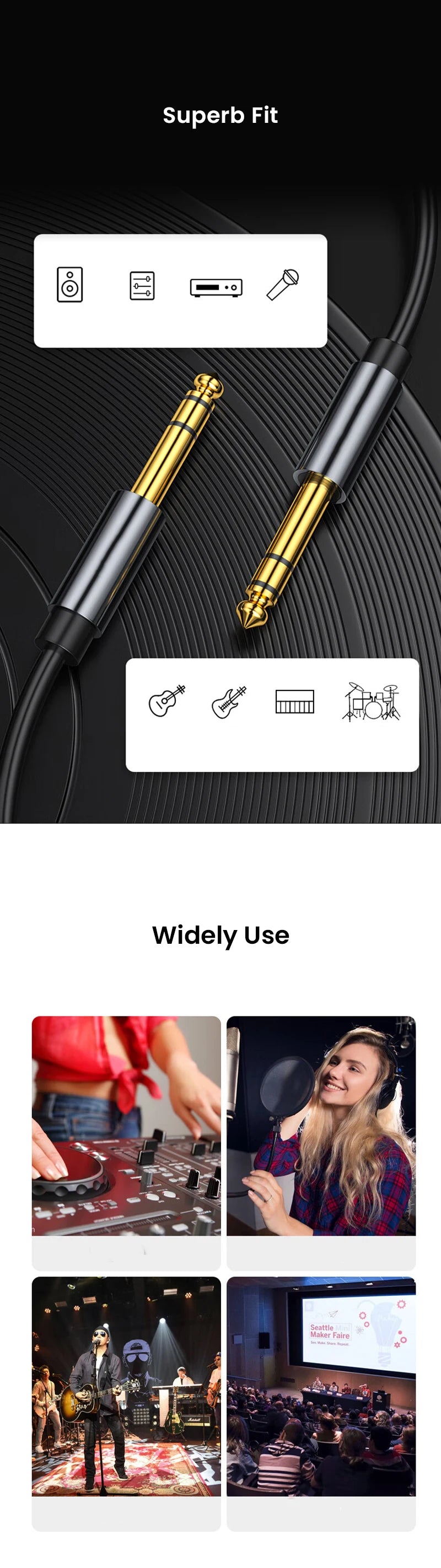 Professional 1/4" TS Instrument Cable | OFC Core | 24K Gold Connectors | 1m–3m