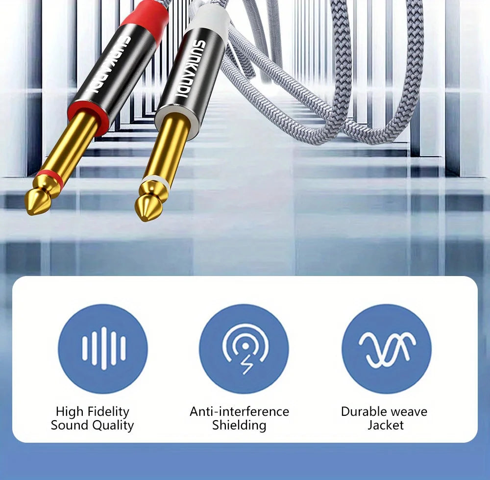 Two audio cables with gold connectors on a blurred background, featuring icons and text about cable qualities.