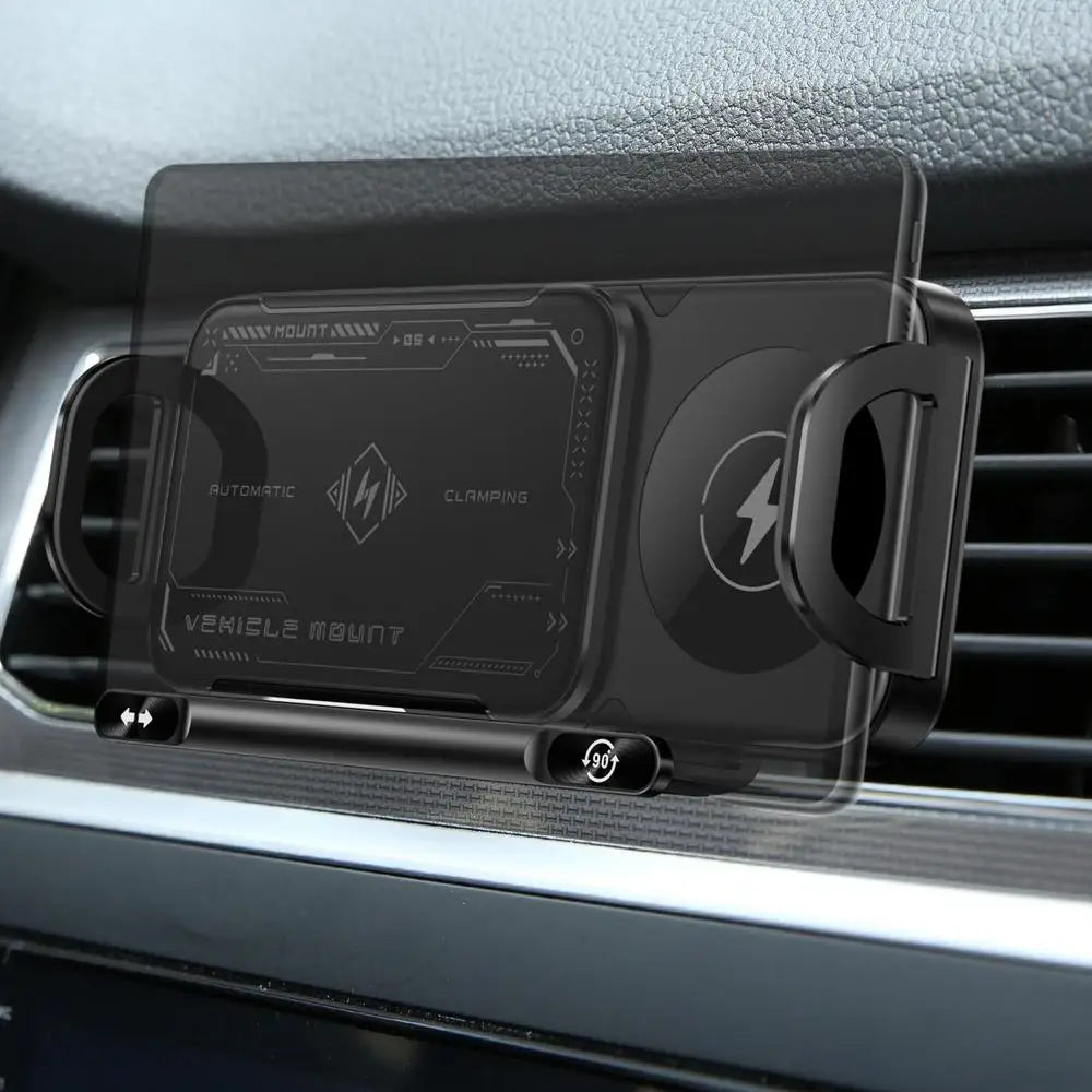Black car phone mount attached to a car's air vent