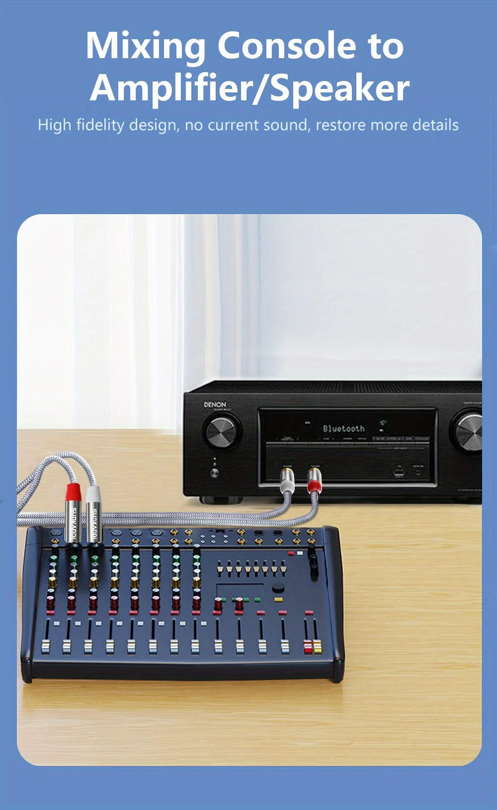 Mixing console connected to an amplifier/speaker with text on a blue background