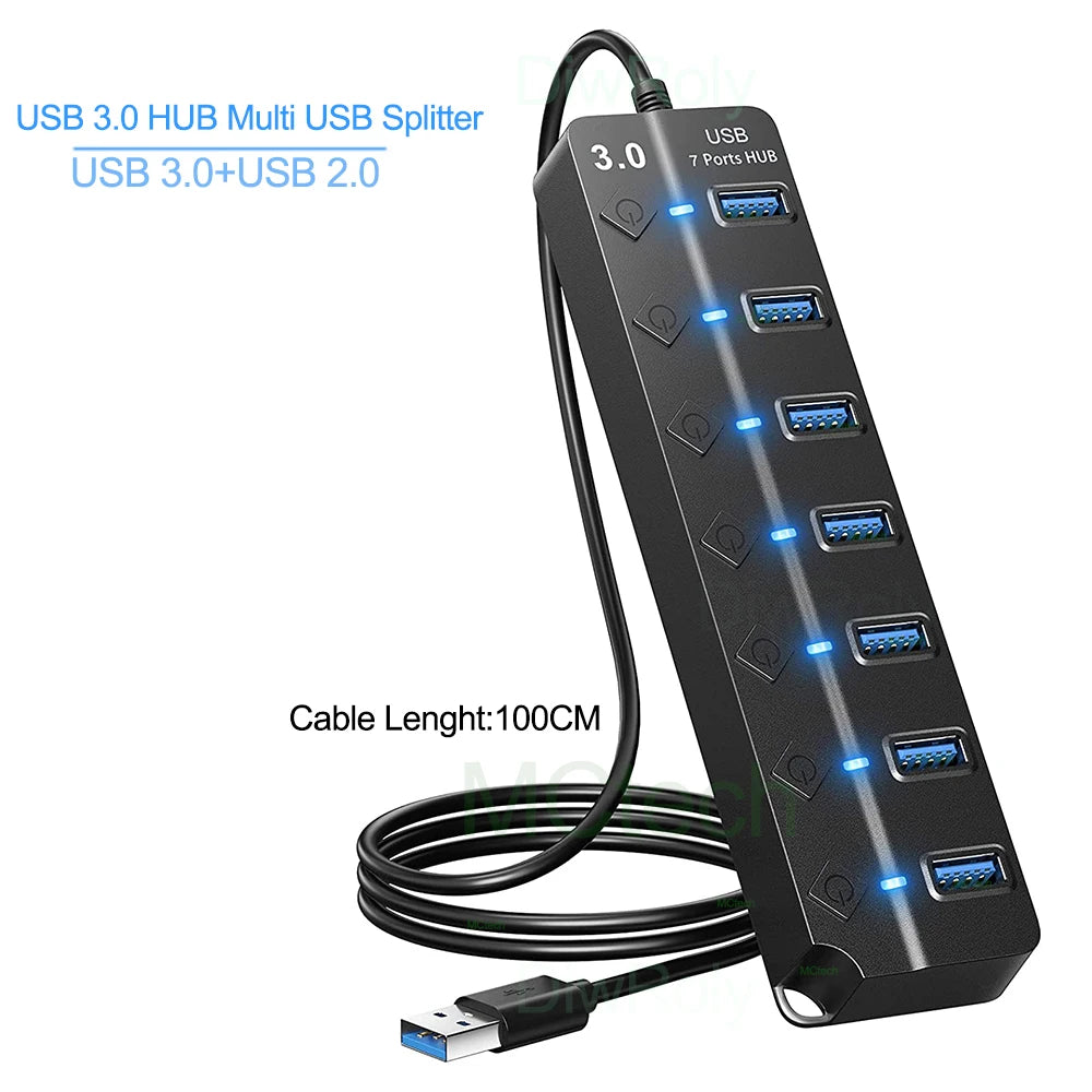 USB 3.0 Hub — 4 & 7 Port Splitter with LED & On/Off Switch