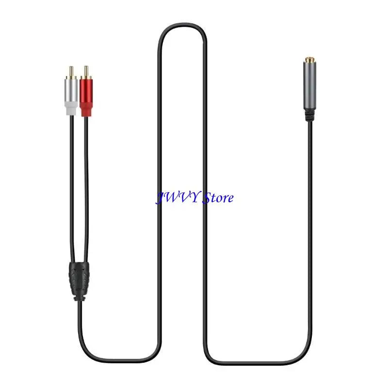 Black audio cable with red and white connector on a white background