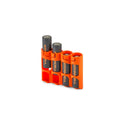Orange battery holder with four black batteries on a white background