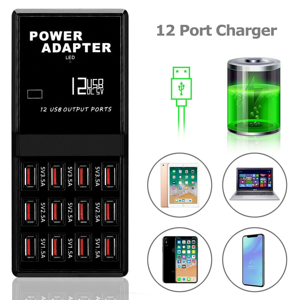 12-Port USB Charging Station Hub — Desktop & Wall Phone Charger Organizer