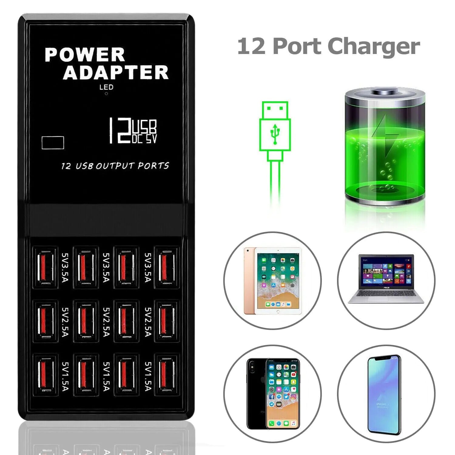 12-Port USB Charging Station Hub — Desktop & Wall Phone Charger Organizer