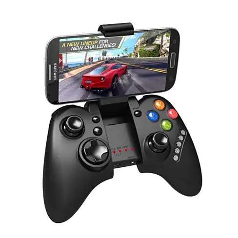 Gaming controller with smartphone displaying a racing game on a white background