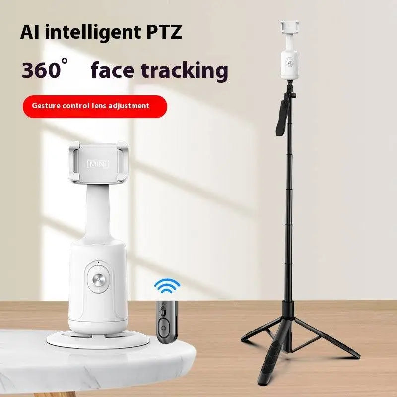 White PTZ camera on a stand with text about AI intelligent PTZ and 360° face tracking.