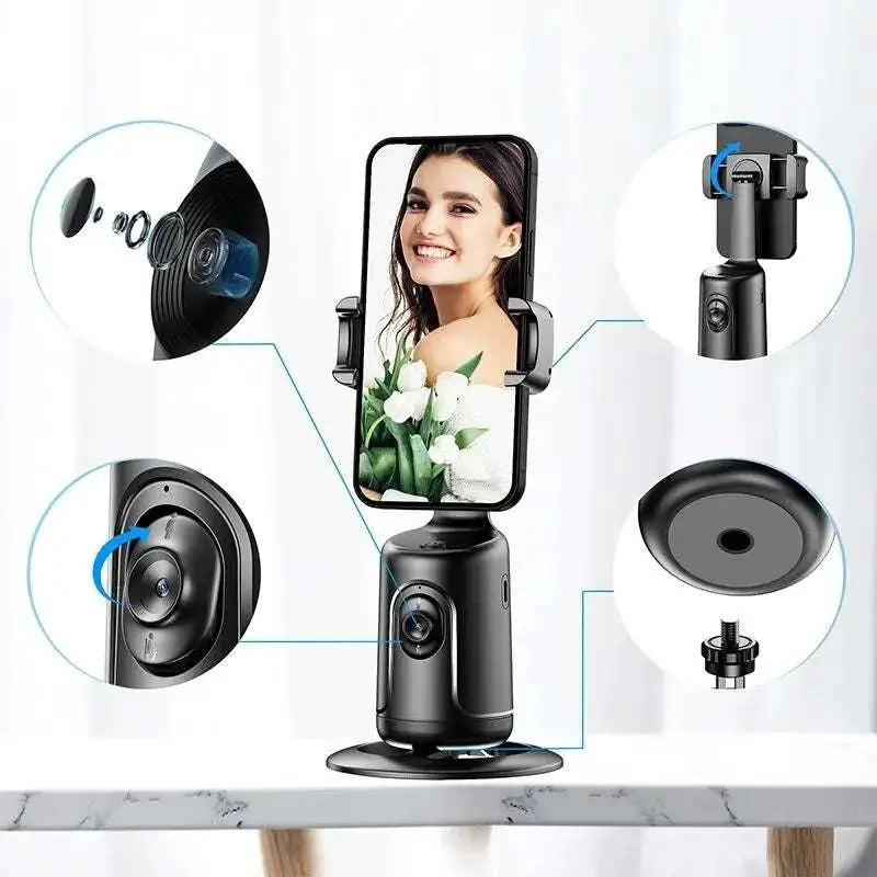 Smartphone with a ring light and camera lens on a white background