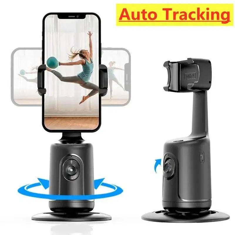 Phone gimbal with smartphone displaying a dancer, labeled 'Auto Tracking', on a white background.