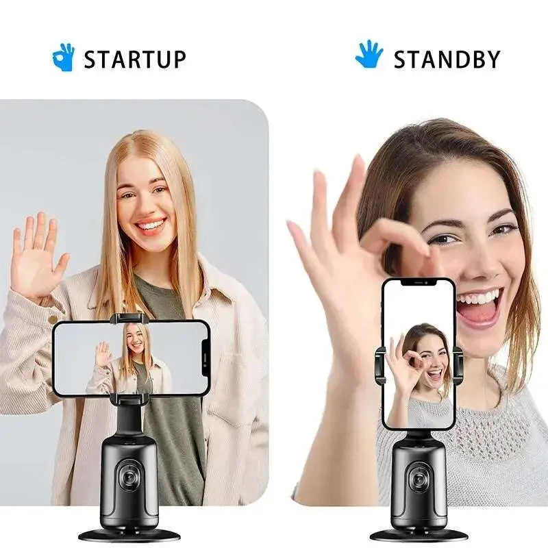 Two women using smartphone holders with screens showing their faces, labeled 'Startup' and 'Standby'.