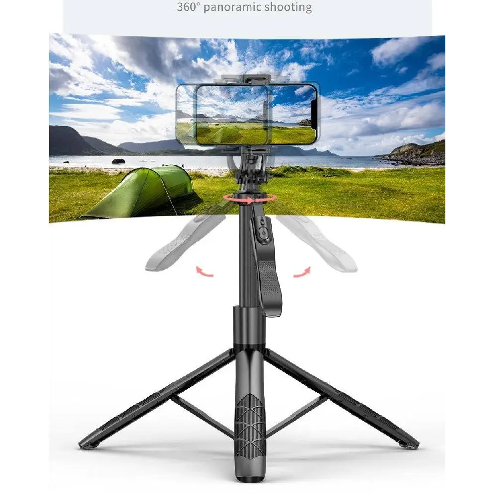 Tripod with smartphone holder displaying a scenic view of a campsite.