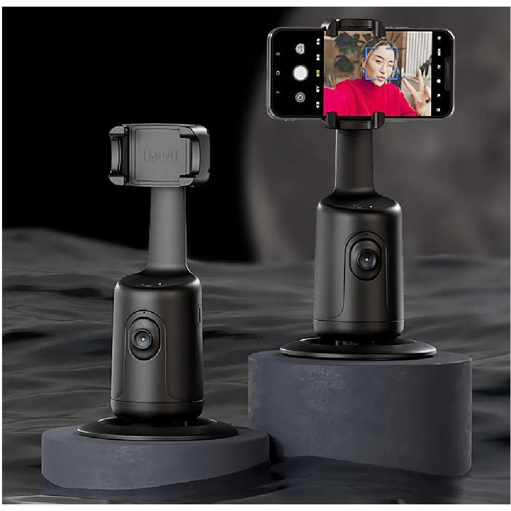 Black smartphone gimbal stabilizer with phone attached on a dark background