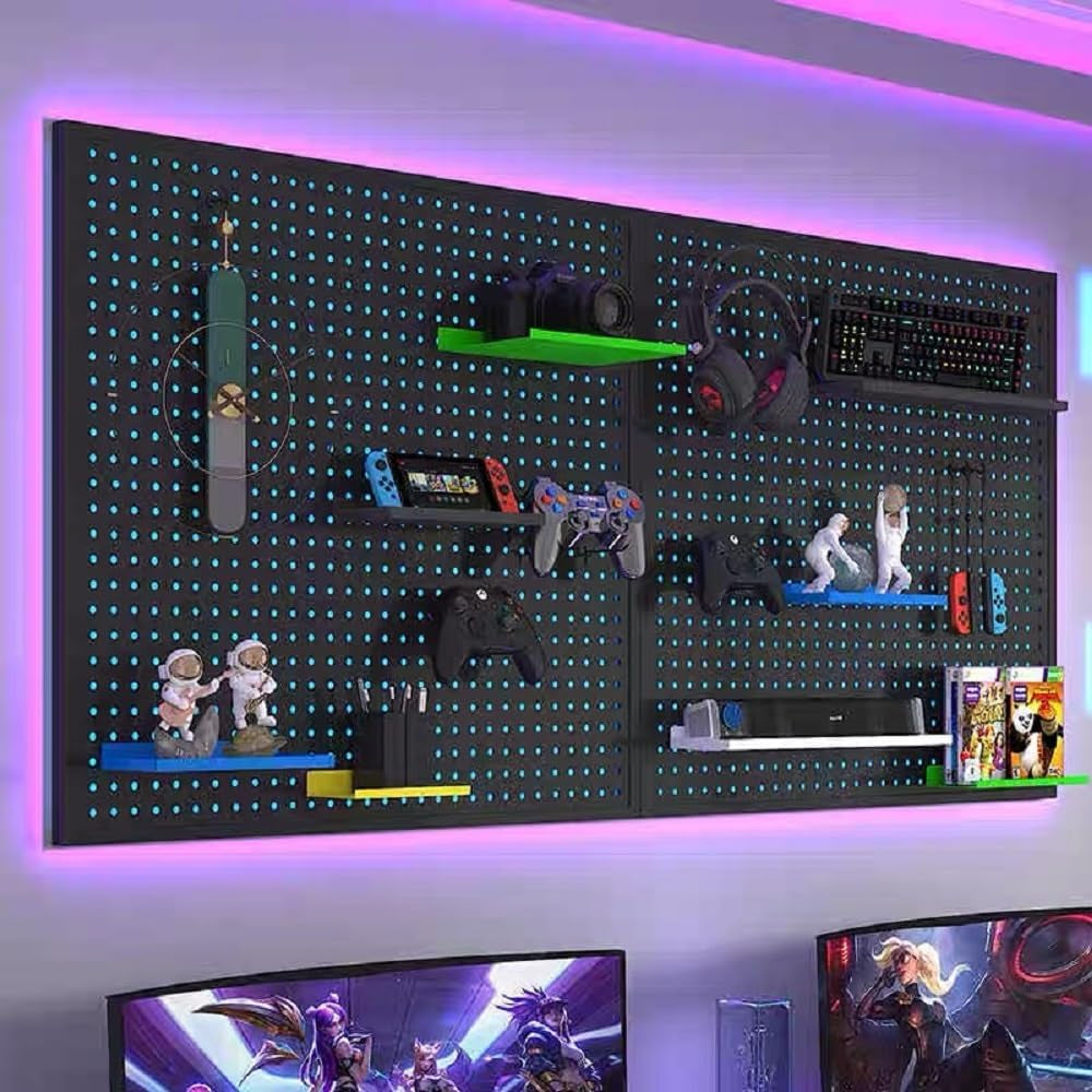 Gaming-themed wall display with shelves, figurines, and LED lighting.
