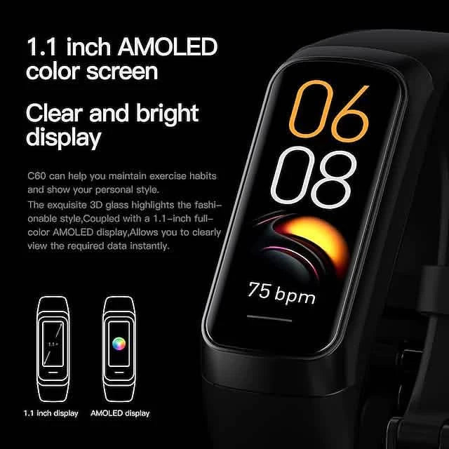 C60 Smart Watch – 1.1" AMOLED, 25 Sport Modes, Heart Rate, Blood Oxygen, IP67 Waterproof