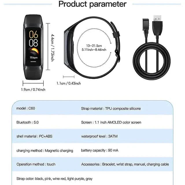 C60 Smart Watch – 1.1" AMOLED, 25 Sport Modes, Heart Rate, Blood Oxygen, IP67 Waterproof