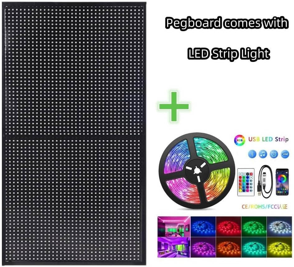 Pegboard with LED strip light on a white background
