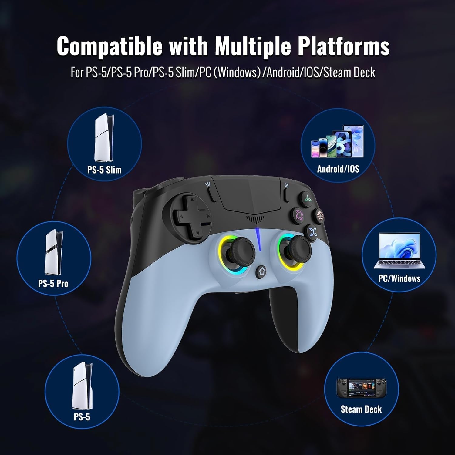 Kabelloser PS5 Controller mit Hall-Effekt-Sticks, RGB-Beleuchtung, Bewegungssteuerung, Dual-Vibration für PC