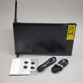 Electronic device with cables and mounting hardware on a gray background
